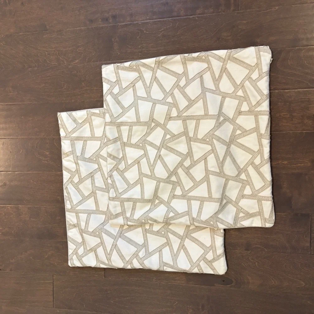 Set 2 Thom Filicia Pillow‎ Covers 21x21 Cream Tan Geometric Textured Embroidered